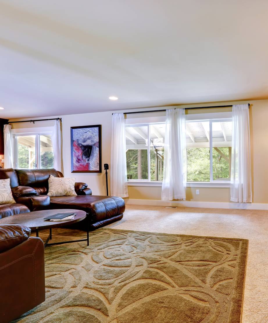 Steam cleaning sofa Spacious living room with large windows.
