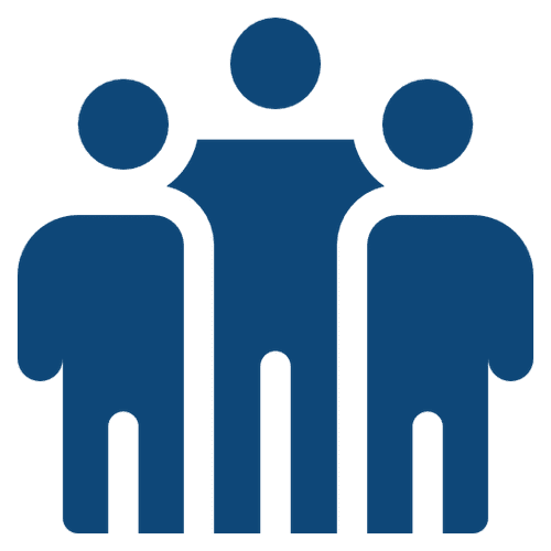 Three people standing in a row on a blue background