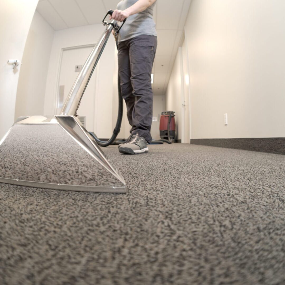 Person cleaning carpet with vacuum cleaner.