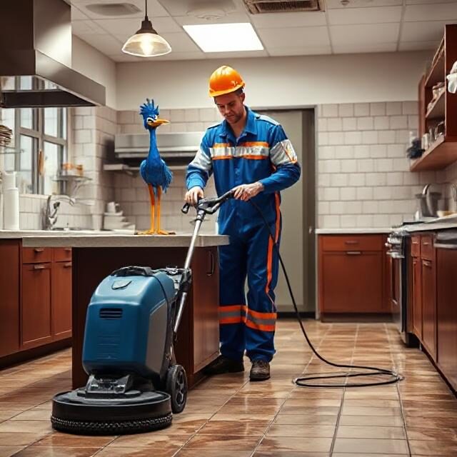 tile and grout cleaning A man in blue work clothes is cleaning the floor.